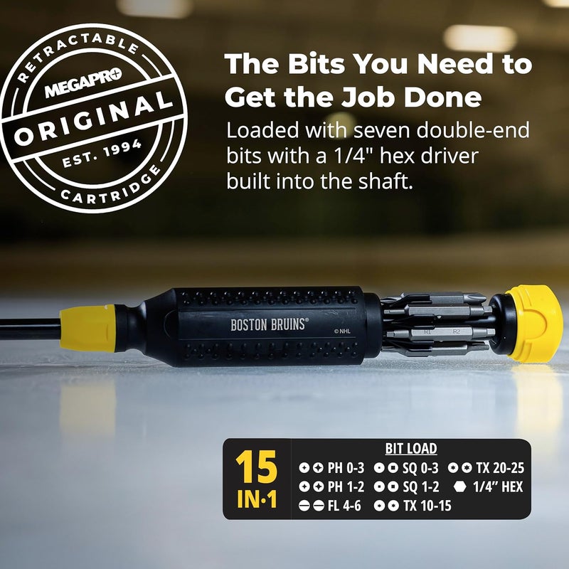 Megapro ® NHL® Team Edition Multi-bit Screwdriver | Officially Licensed NHL® Gear | Durable, Ergonomic, Pro-Grade Screwdriver (Boston Bruins®) - Image 3